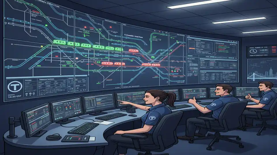 MBTA control room with digital signal monitoring screens displaying Columbia Junction track layout and train positions, showing modern transit operations technology
