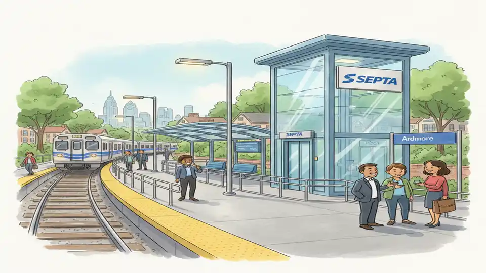 SEPTA Ardmore Station high-level platform with new elevator tower, accessible ramps, modern lighting, and covered waiting area, Regional Rail train approaching in distance
