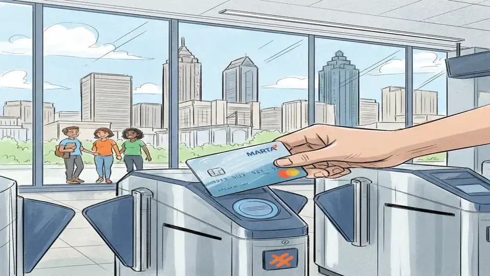 Close-up of rider's hand tapping contactless credit card on MARTA fare gate reader with Atlanta skyline visible through station windows