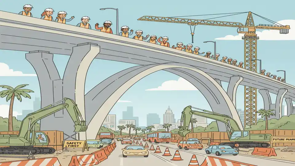 Construction workers and equipment at Miami I-395 bridge project site showing concrete arch construction over Biscayne Boulevard with safety barriers and traffic cones