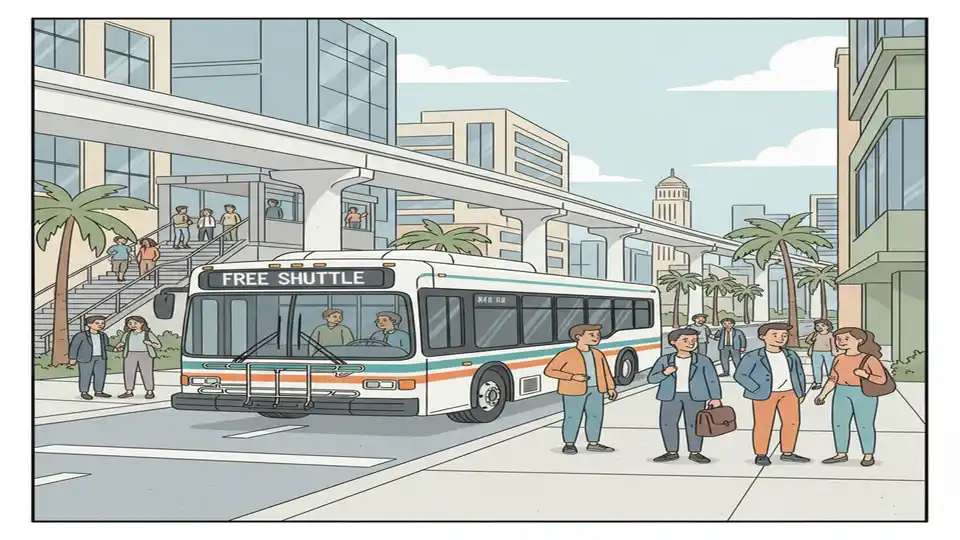Free shuttle bus at Miami Metromover station with passengers boarding