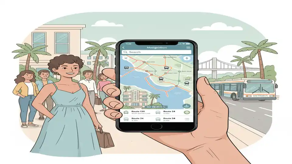 Smartphone displaying transit app with bus route map and real-time vehicle locations