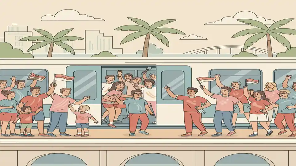 Soccer fans boarding modern transit vehicle, showing diverse crowd with team jerseys and flags during major sporting event