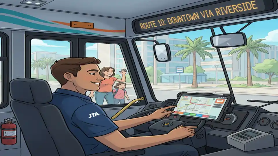 Transit bus driver using digital communication interface while passengers board vehicle at urban transit stop