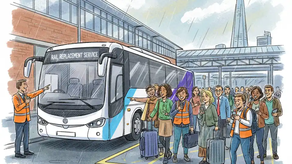 Replacement bus service at rail station with passengers boarding during train disruption