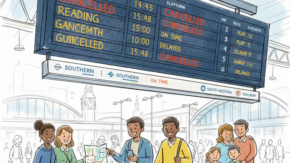Railway departure board showing cancelled train services at London station
