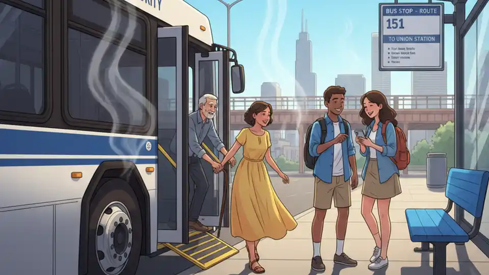 Transit bus with open doors at station on sunny day, heat waves visible rising from pavement