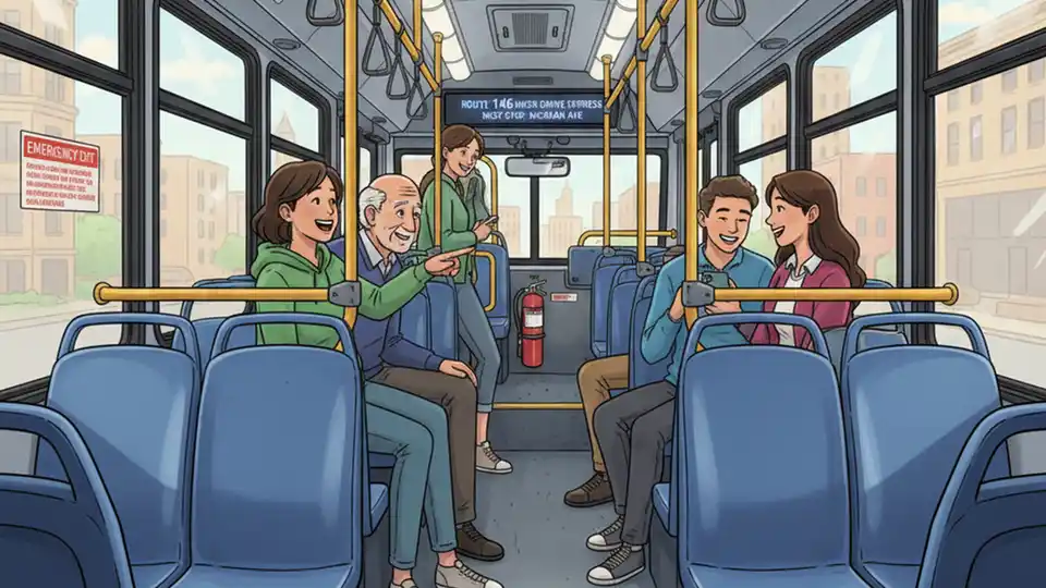 Interior view of CTA bus showing passenger seating area and safety features with focus on windows and emergency equipment