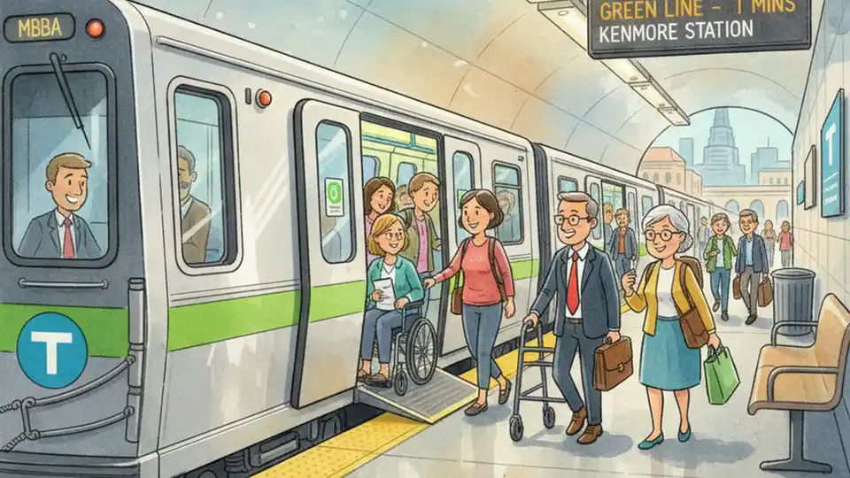 Boston MBTA subway train at station platform with diverse riders boarding, showing modern transit infrastructure and accessibility features
