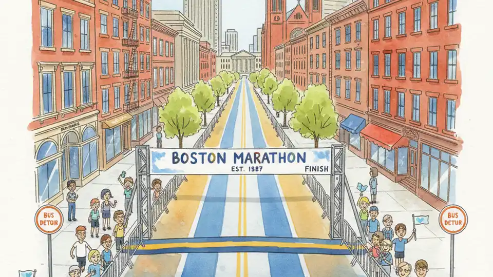 Aerial view of Boylston Street in Boston's Back Bay with marathon finish line infrastructure, crowd barriers, and MBTA bus detour signs on surrounding streets