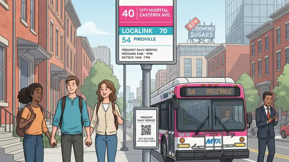 Baltimore MTA bus stop sign showing CityLink Pink and LocalLink route information