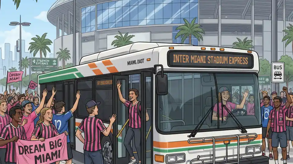 Soccer fans boarding modern transit bus near stadium venue