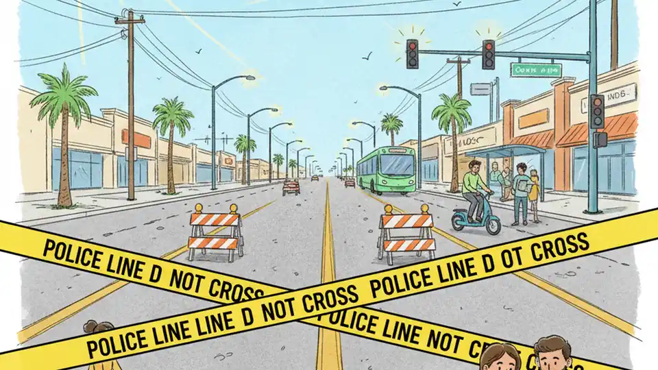 Empty Cheyenne Avenue with police tape and barricades blocking both directions of traffic in Las Vegas