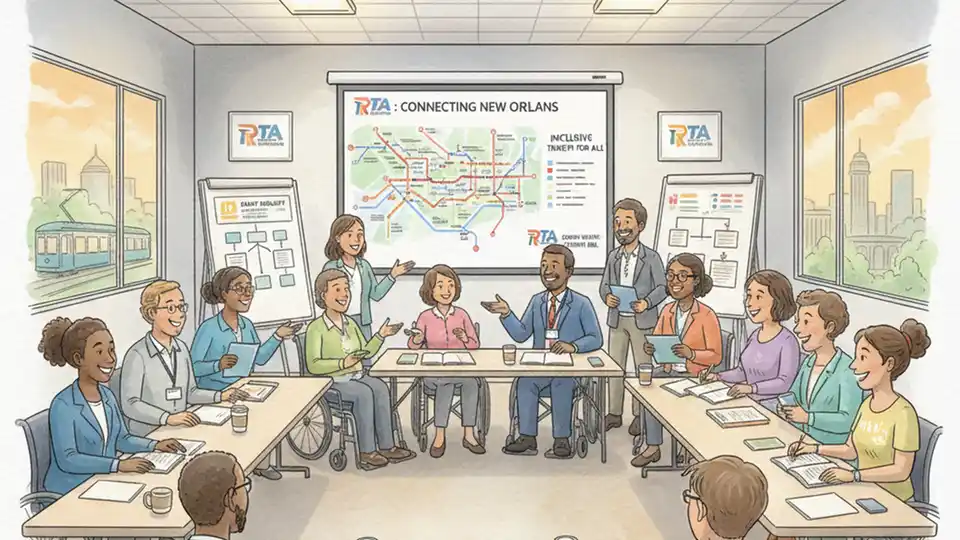 Transit advocacy group meeting with disabled riders and officials discussing paratransit service policies, showing community engagement in public transportation planning