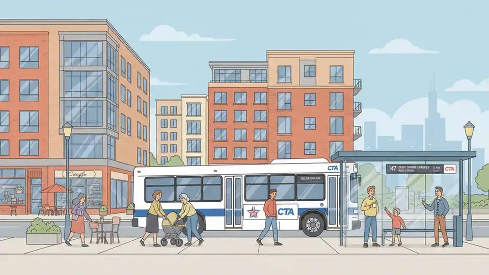 CTA bus stopped at urban transit shelter with new apartment buildings visible in background, showing mixed-use development near public transportation
