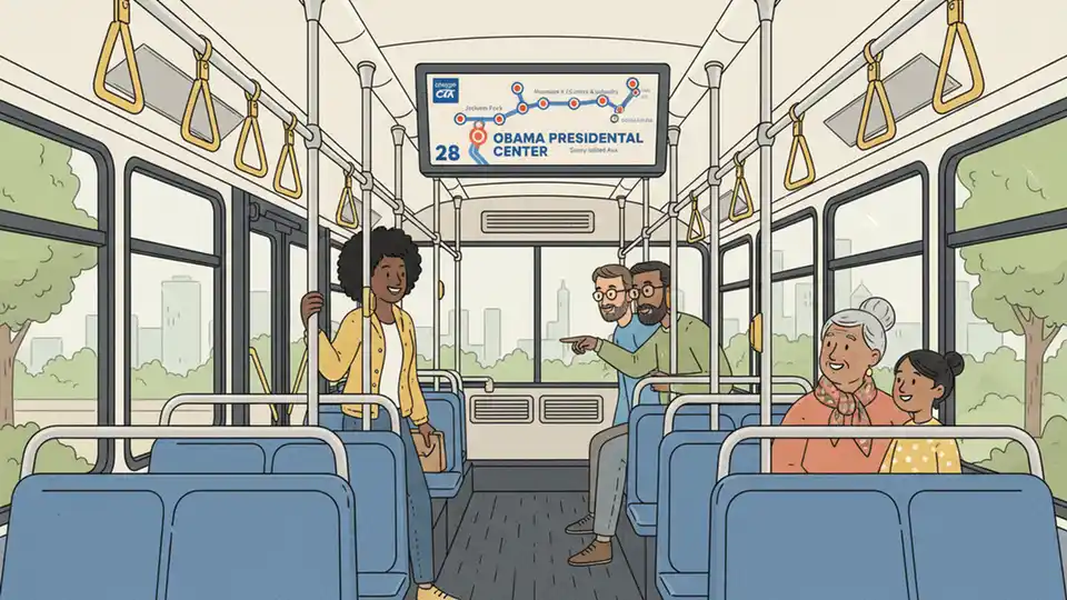 Interior of CTA bus showing route map display with Obama Presidential Center stop highlighted