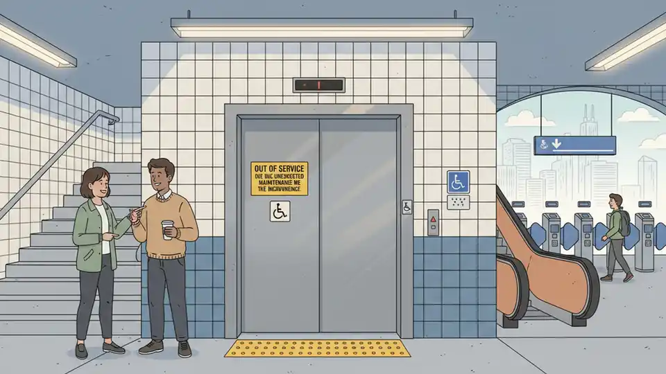 CTA elevator entrance at Chicago rail station with out of service sign, showing typical transit elevator infrastructure and accessibility equipment