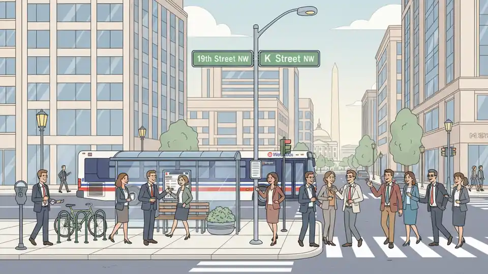 Downtown Washington DC street intersection with 19th Street sign and K Street sign showing typical commuter bus stop location