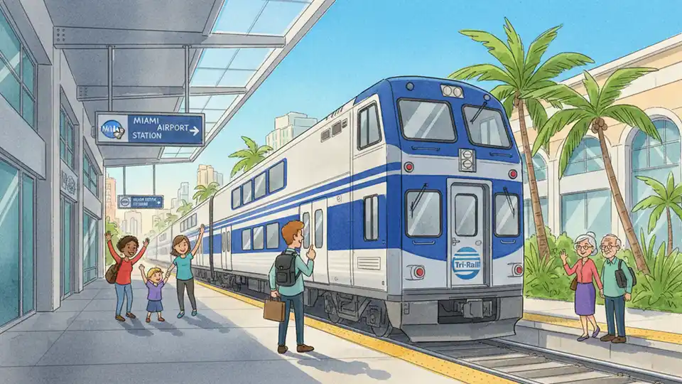 Tri-Rail commuter train at Miami Airport Station platform with stadium signage visible