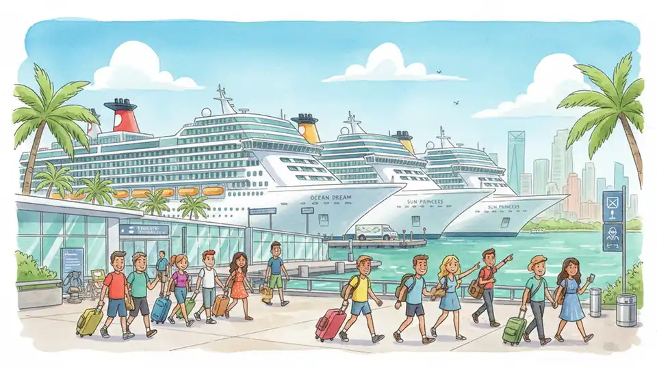 PortMiami cruise terminal with multiple large cruise ships docked and passengers with luggage in foreground