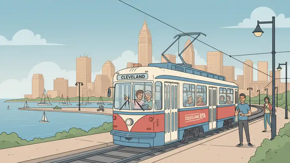Cleveland RTA Waterfront Line trolley on tracks near lakefront with downtown skyline in background, showing low ridership conditions