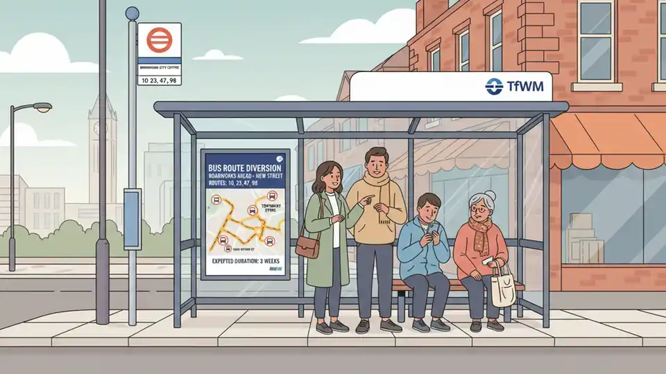 Bus route diversion sign and detour map posted at Birmingham bus stop with passengers waiting