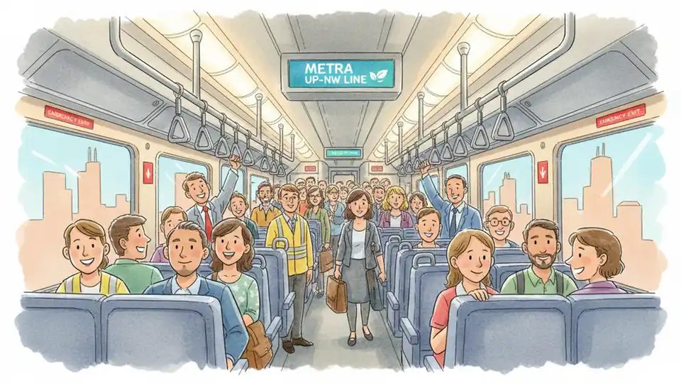 Metra commuter train interior showing crowded passenger seating area during rush hour, illustrating high-density environment cited in court ruling