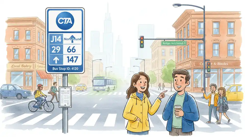 Chicago Transit Authority bus stop sign showing route numbers with street intersection in background