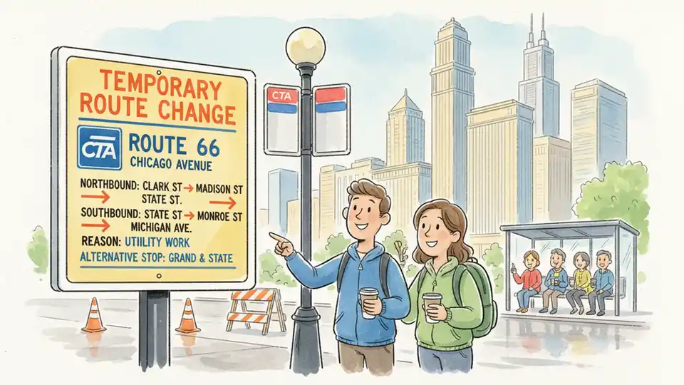 Chicago bus route detour sign showing temporary route changes with street names