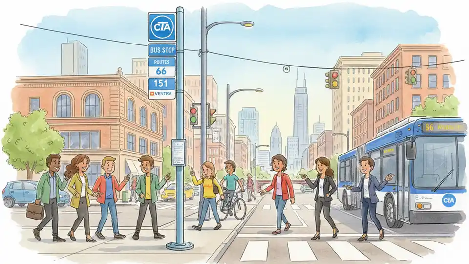 CTA bus stop sign at urban Chicago intersection with street corner and traffic signals visible