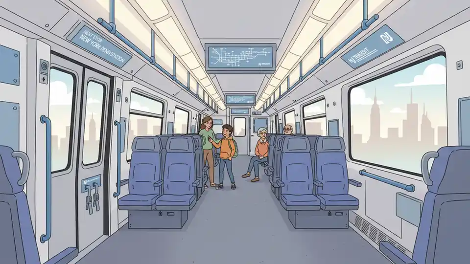 Interior of NJ TRANSIT Multilevel III rail car showing modern seating, USB charging ports, digital information screens, and accessibility features