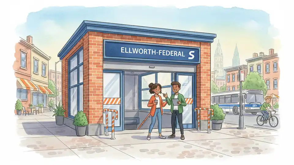 Ellsworth-Federal Station entrance on SEPTA Broad Street Line with station signage