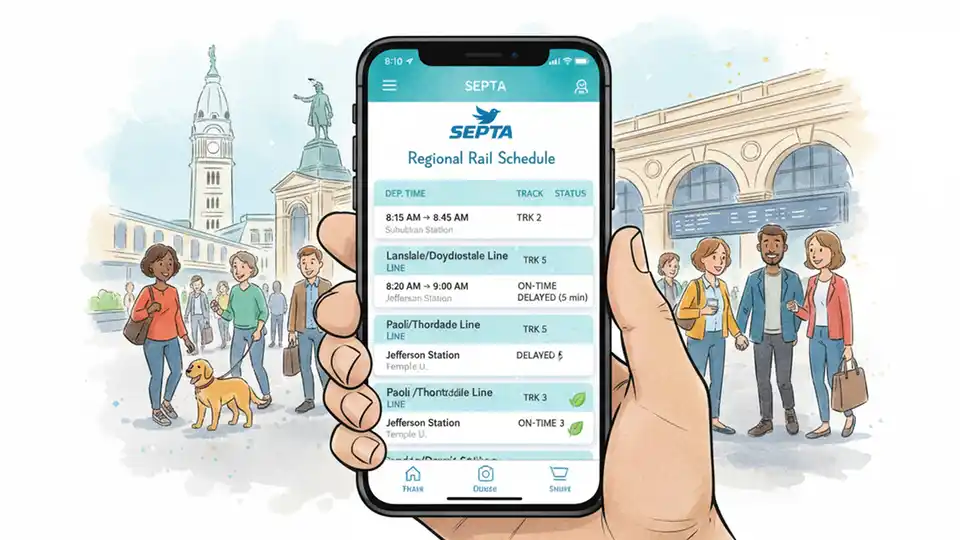 Close-up of smartphone displaying SEPTA mobile app with Regional Rail schedule and train details