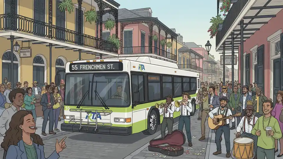 RTA bus at French Quarter stop with festival crowds and street musicians