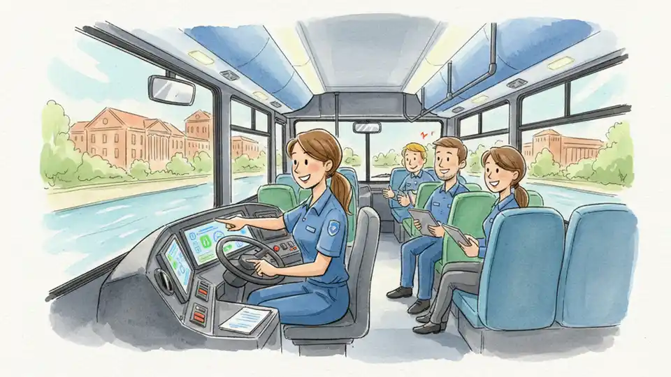 Transit bus driver training session inside new bus model