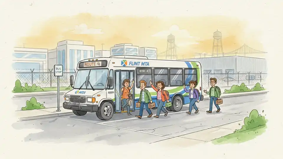 Transit vehicle at industrial park or business center in area with limited public transportation infrastructure