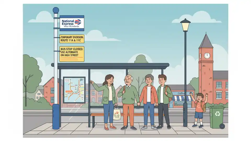 Bus stop with temporary detour signage and route map