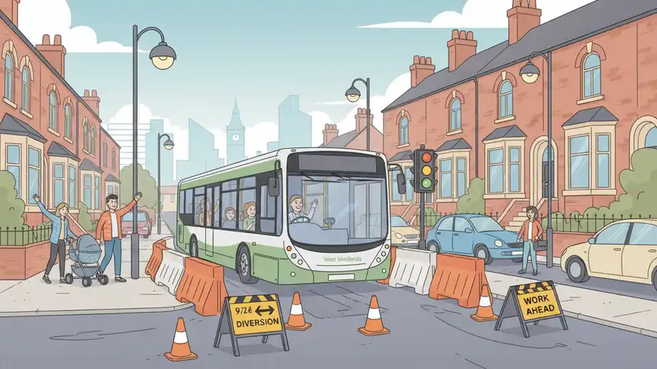 Bus traveling on urban street with construction barriers and detour signage visible, showing typical road resurfacing project setup in residential area