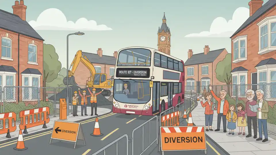 Bus on detour route in Rowley Regis with road work barriers visible in background