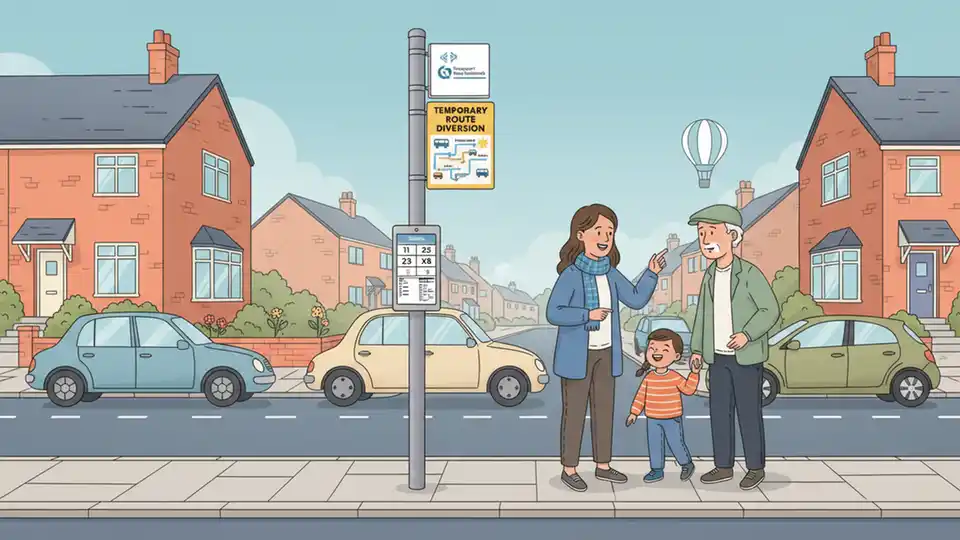 Bus stop pole with temporary route diversion notice and map showing alternate stops, with residential street and parked cars in background