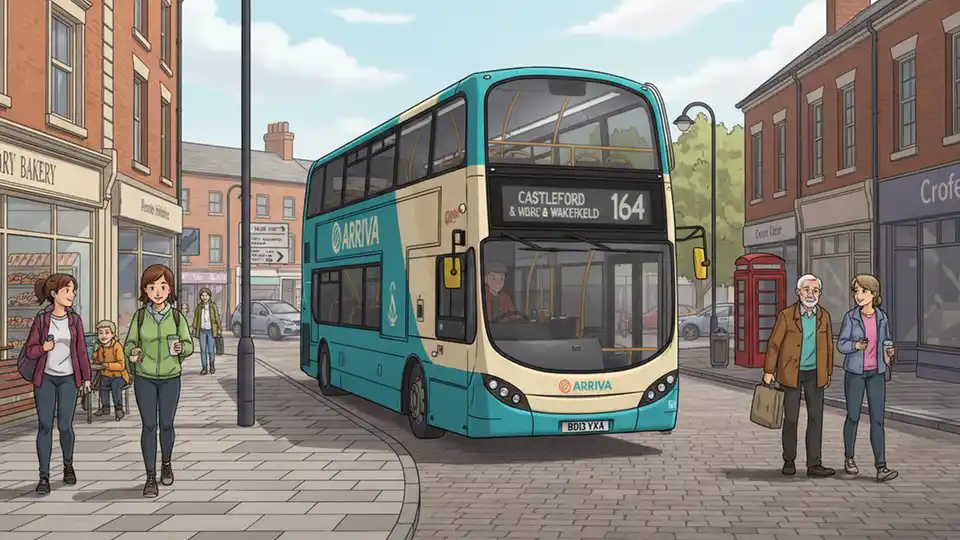 Arriva Yorkshire bus on route 164 traveling through Castleford town center