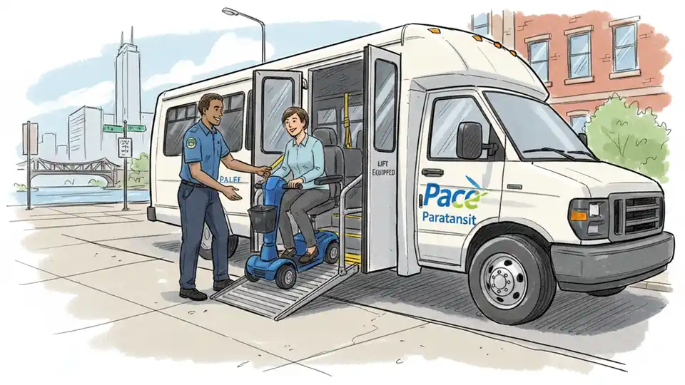 Paratransit driver assisting passenger with mobility device boarding accessible vehicle