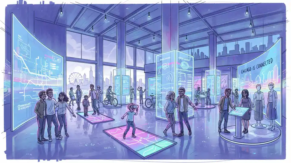Interior of modern experiential retail space with interactive displays, colorful lighting, and visitors exploring entertainment attractions in urban shopping district