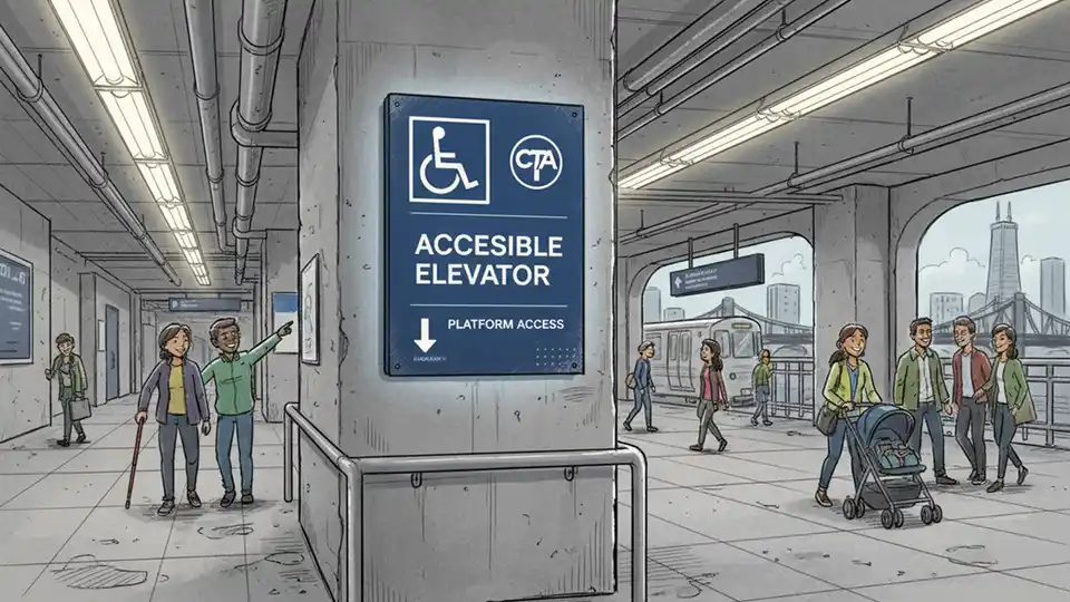 CTA elevator access sign at Chicago rail station with accessibility symbol