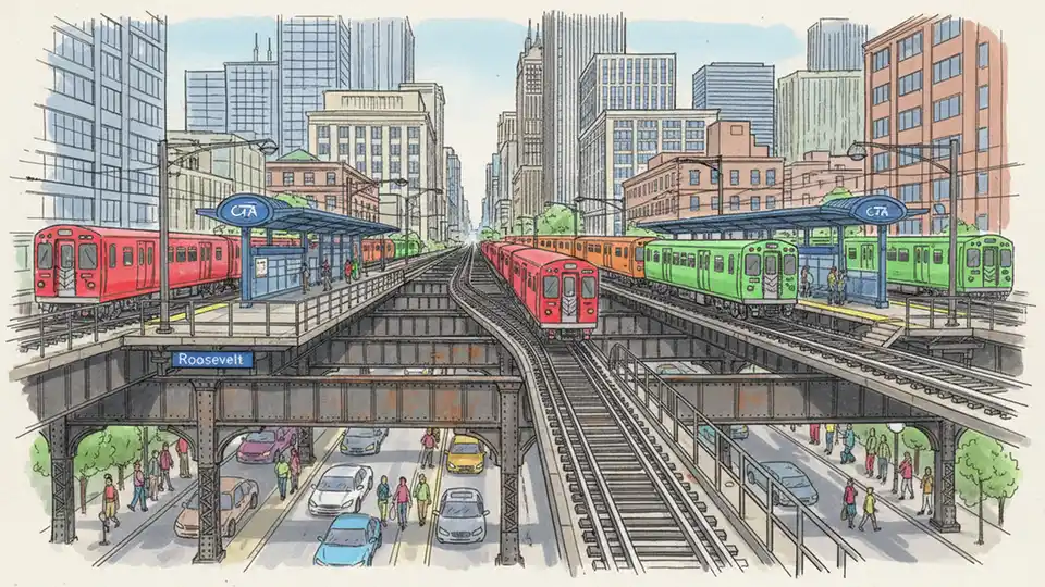 CTA rail tracks near Roosevelt station with multiple train lines converging in downtown Chicago