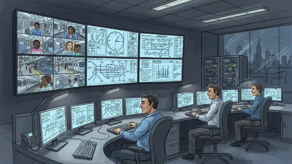 CTA Strategic Decision Support Center interior showing video monitoring screens and technology systems used for transit crime detection and evidence gathering