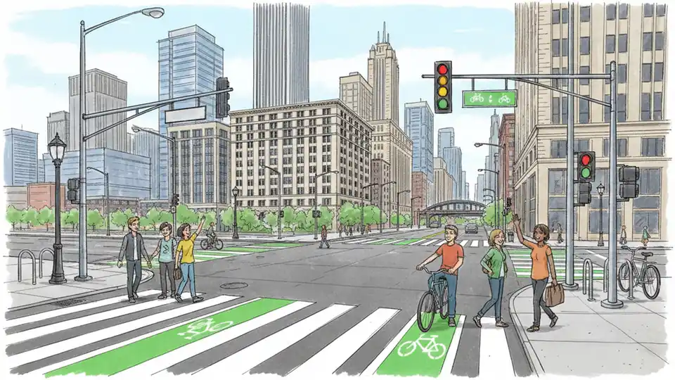 Chicago street intersection showing traffic signals, bike lanes, and urban infrastructure with downtown buildings in background