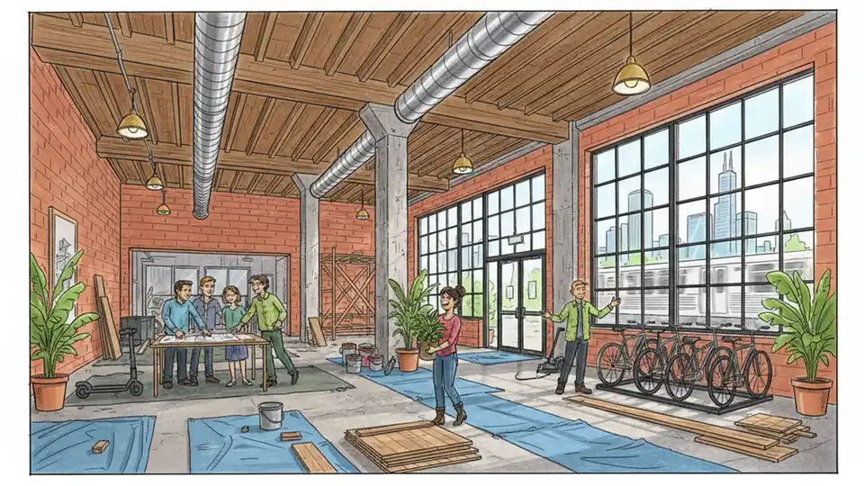 Office building lobby being prepared for residential conversion showing exposed brick walls, high ceilings, and large windows typical of loft-style apartments