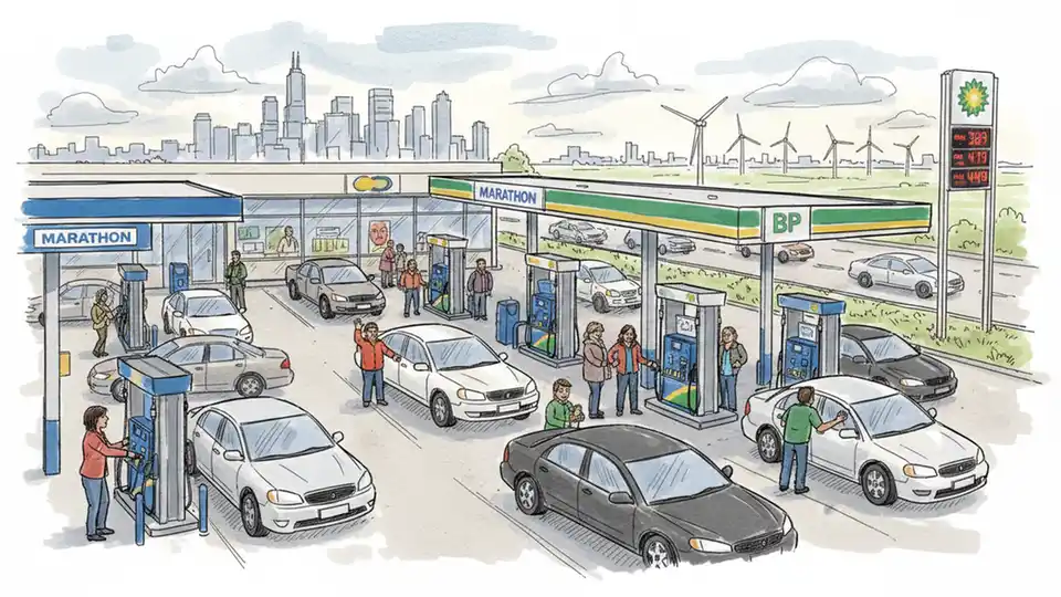 Illinois commuters filling up vehicles at busy suburban gas station with multiple pump islands