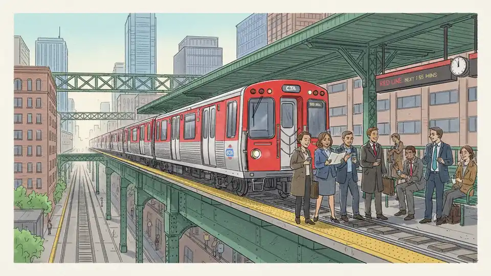 CTA Red Line train stopped at elevated station platform during morning rush hour with waiting passengers